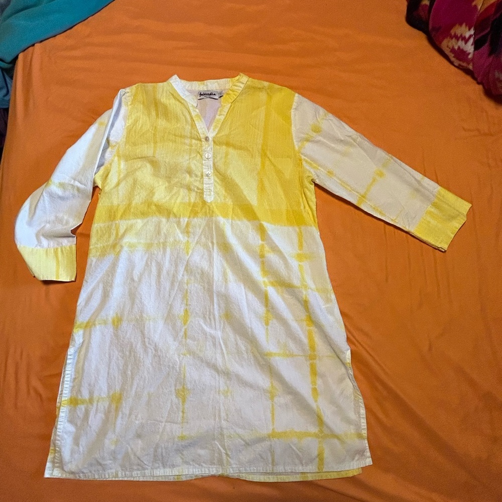 Fabindia cotton boys size large Kurta yellow and white print